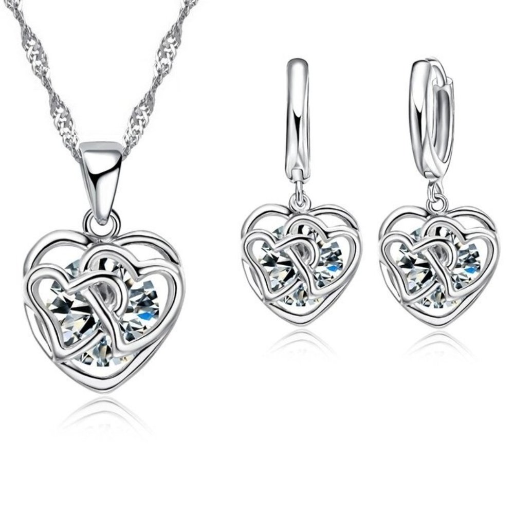 ❤️ NEW 💎 Luxury Women Heart Earrings And Necklace 925 Sterling Silver Set